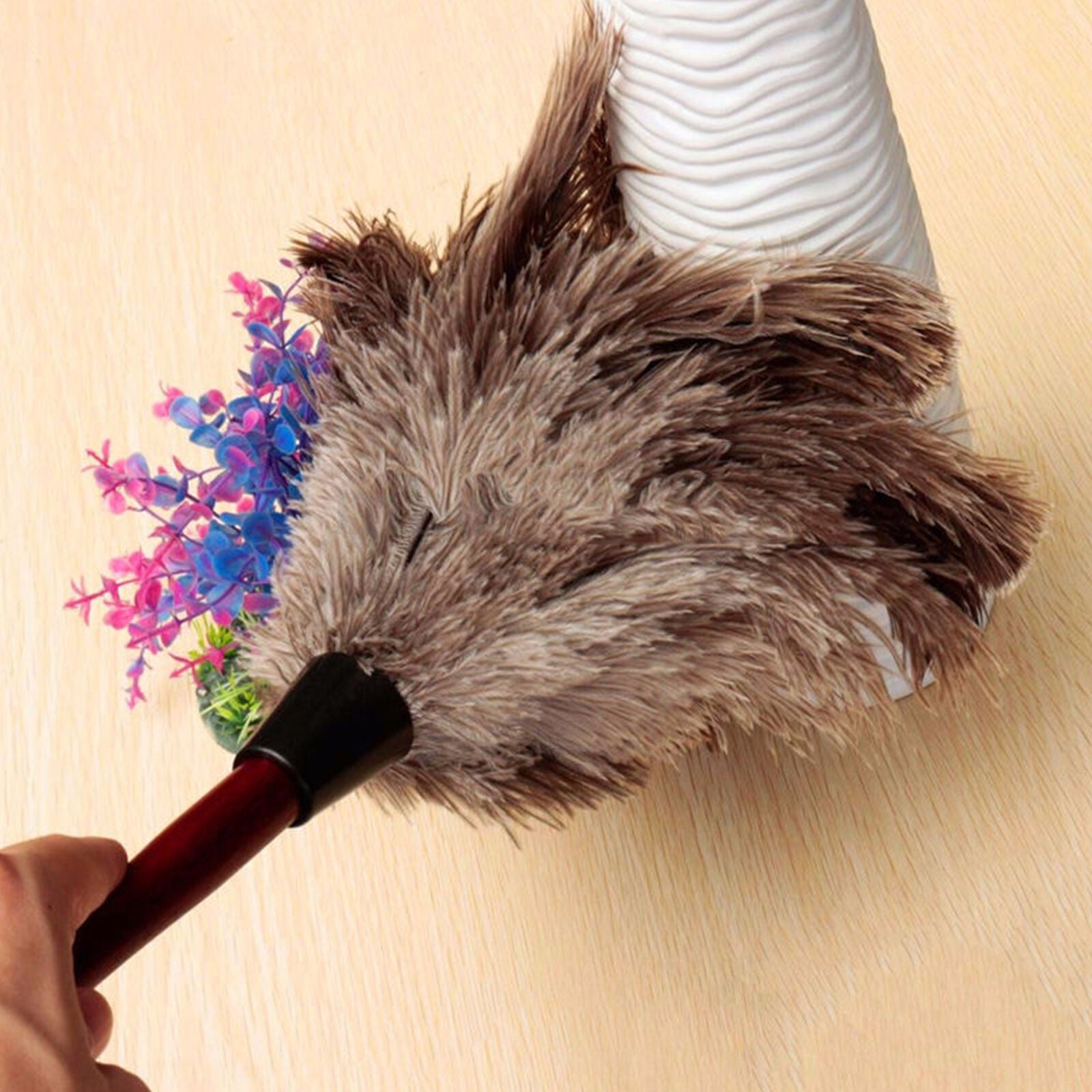 Anti-static Ostrich Feather Fur Brush Duster Dust Cleaning Tool Wooden Handle