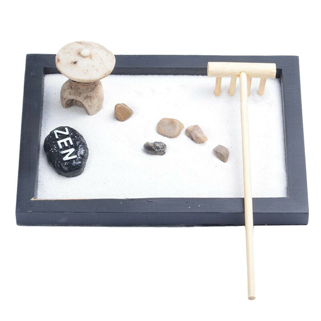 2pcs Zen Garden Sand Tray Mini Tower Stone Pebbles Rake Home Room Ornament