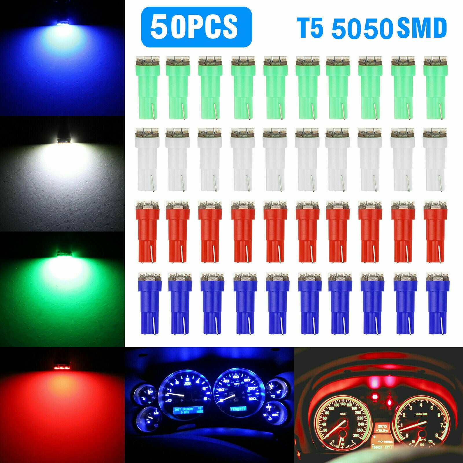 50x Set T5 74 LED Bulbs Panel Instrument Gauge Cluster Dash Wedge Bulbs 8000K
