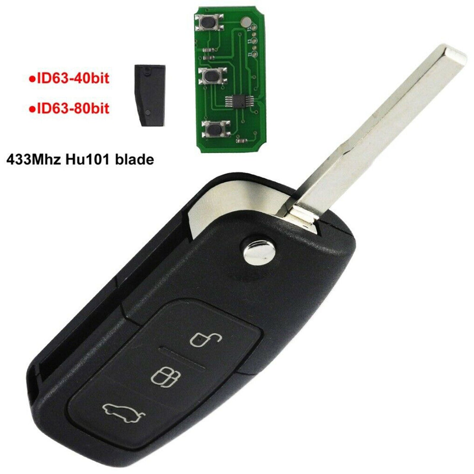 3 Button Flip Remote Key Fob 433MHz Fit for Ford Focus Mondeo Fiesta S Black