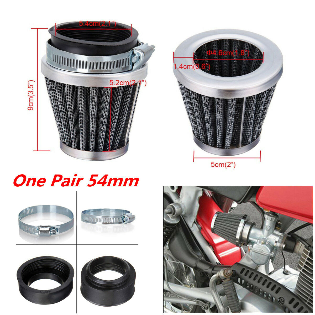 2x 54mm Motorcycle Cafe Racer Tapered Chrome Pod Air Filters Cleaner