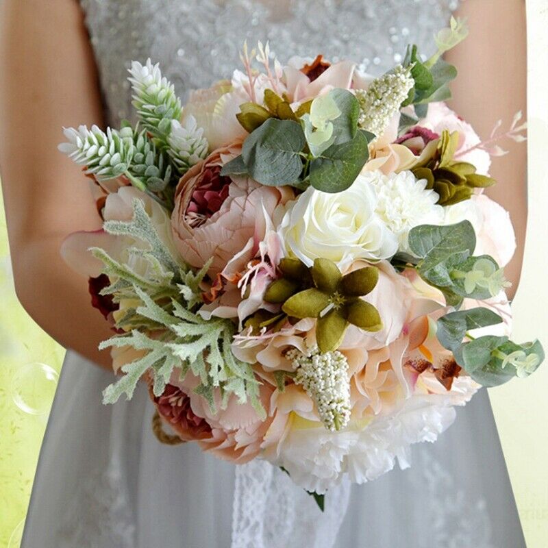 Artificial Peony Rose Flower Bouquet for Bride Bridesmaid Handmade Wedding BQ6N7