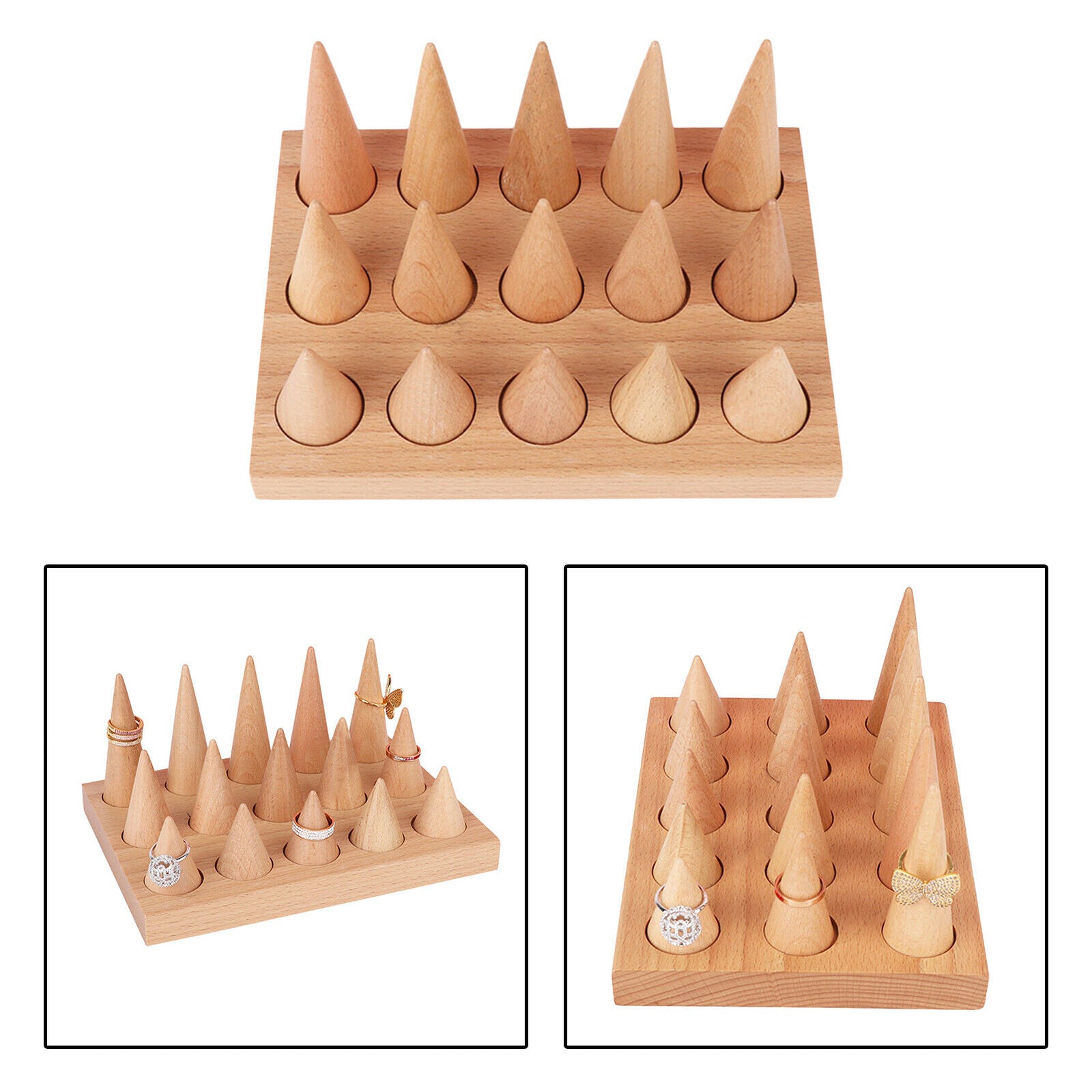 15 Finger Ring Jewelry Showcase Display Stand Cone Shape Organizer Wooden