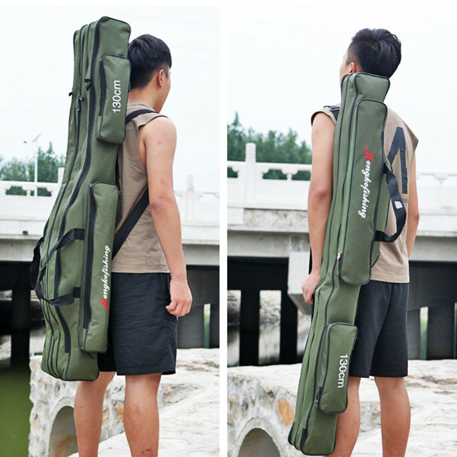 Fishing Rod Bag Carrier Pole Storage Case Tackle Reel 3 Layers 150cm Green