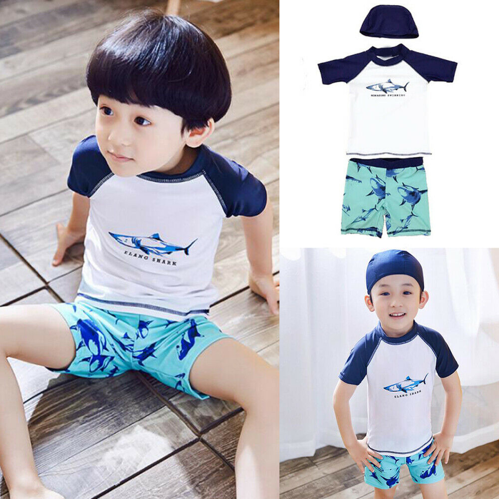 Kids Boy Baby 3pcs Swimwear Swimsuit Bathing Suit T-Shirt+Shorts+Cap Outfits Set
