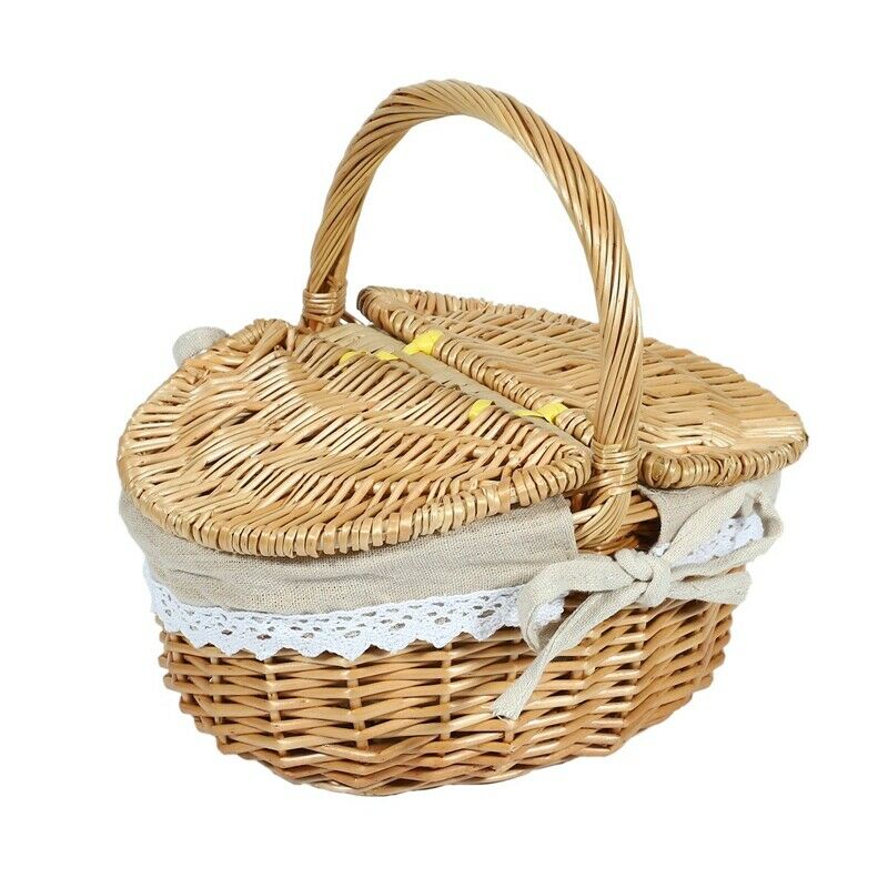 1X(Handmade Wicker Basket with Handle, Wicker Camping Picnic Basket with Dou6H2)