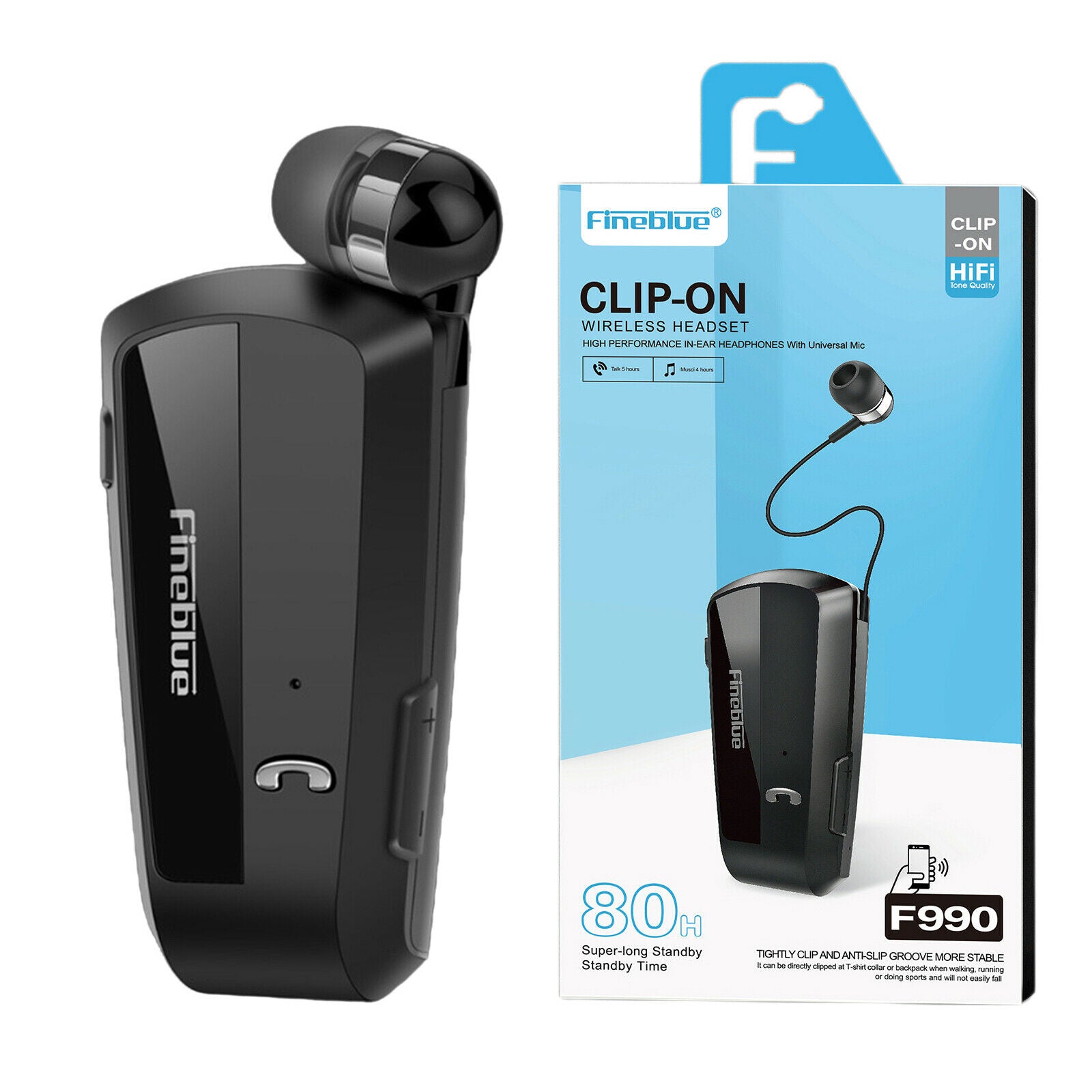 Fineblue Mini Bluetooth Headset Clip Workout Earphone Earbud Black With Box