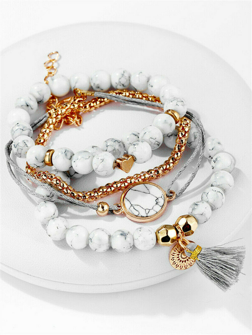 4Pcs/Set Boho Marble Beads Rope Tassel Bracelet Sets Womens Fashion Jewelry