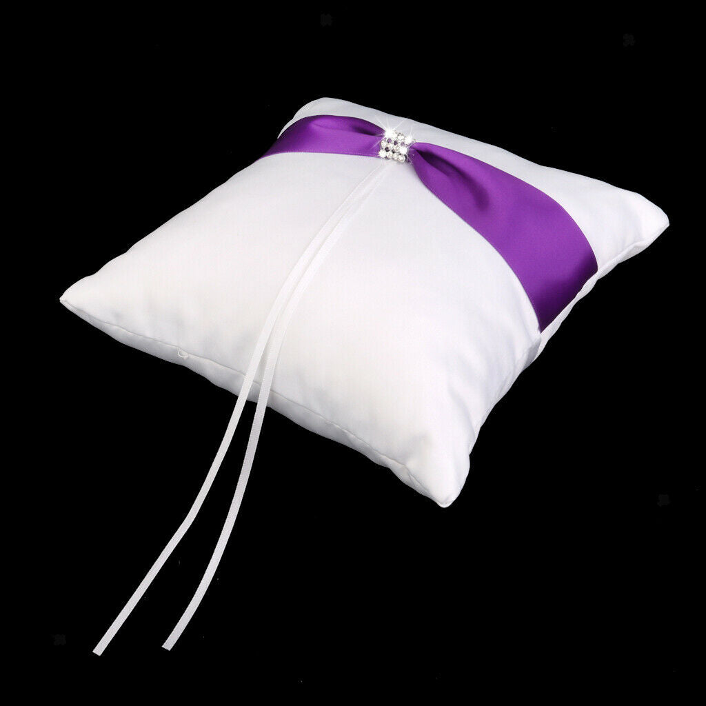 White Satin Wedding   Pillow Bearer Purple Bowknot Diamante Decor-20cm