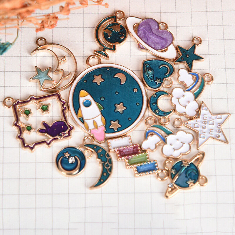 15pcs Mixed Star Moon Universe Enamel Charms Pendant DIY Jewelry Making FinDEAU