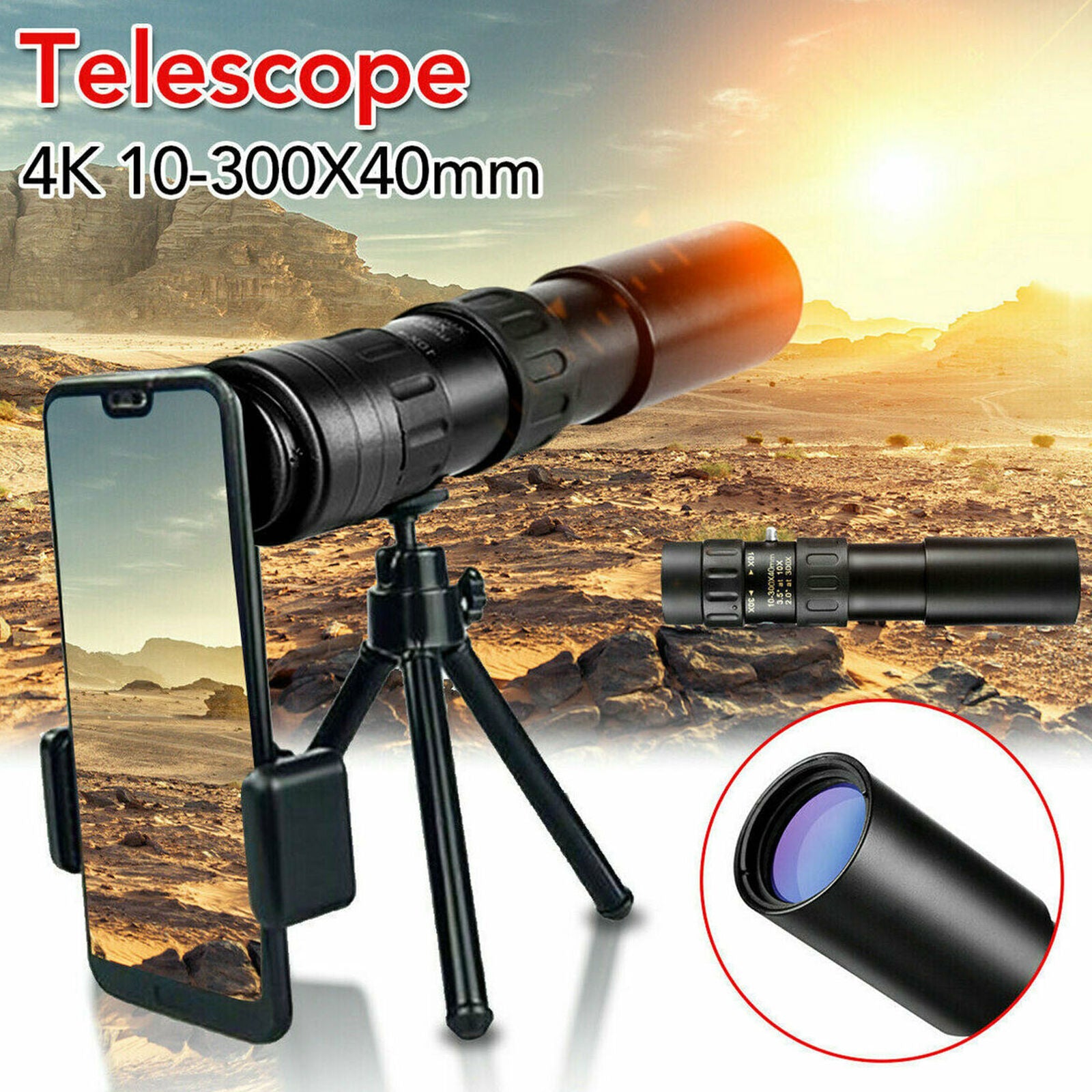 Zoom Monocular Telescope 4K 10-300X40mm Super Telephoto Tripod & Clip Set