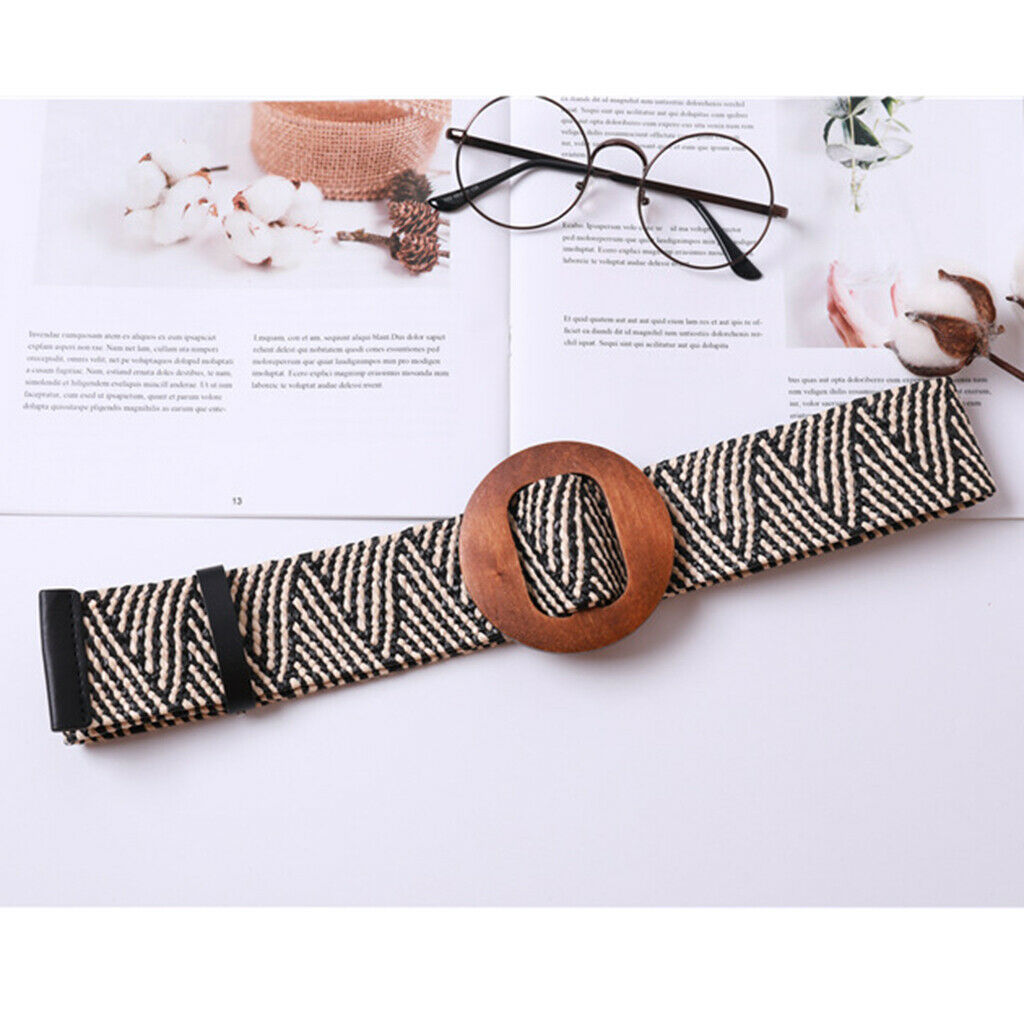 Women Braided Straw Waistband Cinch Belt with Round Wooden Buckle Stripe
