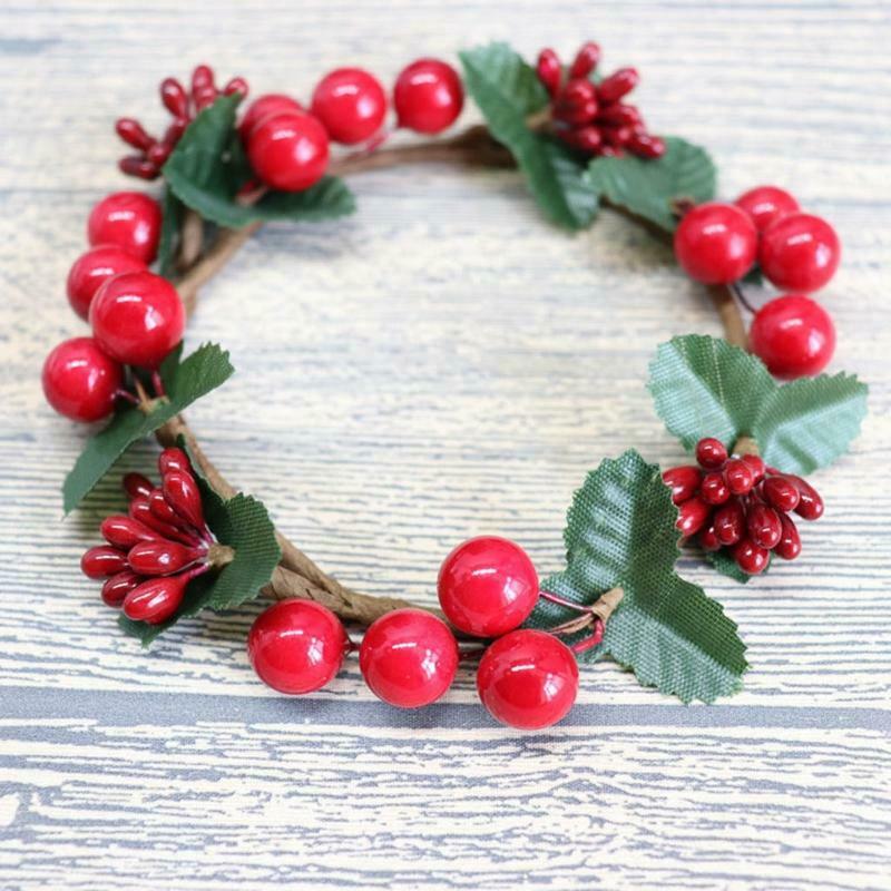 6PCS Christmas Candle Holder Berry Wreath Candle Ring Tealight Candlestick Decor