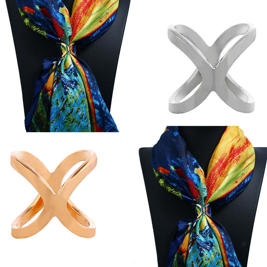 2 Pieces Lady Silk Chiffon Scarf Clip Ring Holder Wedding Party Cross Buckle