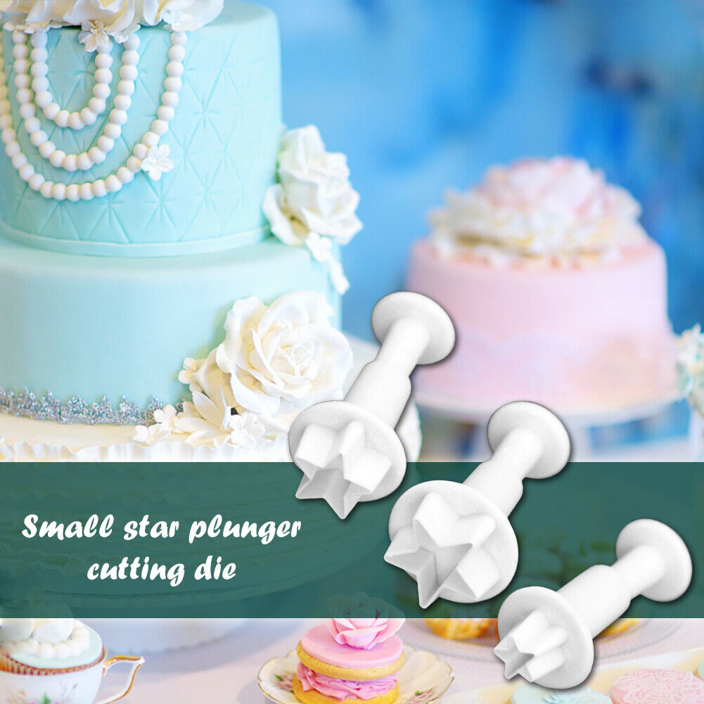 3pcs Silicone Star Plunger Fondant Mold Biscuit Cookies Cutter Cake Decor @