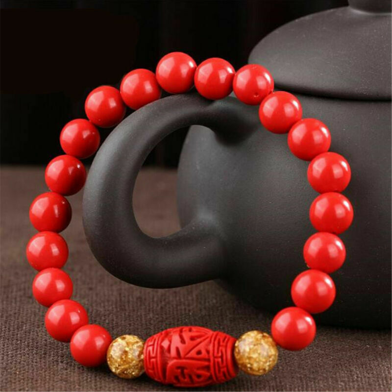 Chinese 8MM Natural Red Organic Cinnabar Elastic Bracelet Lucky Amulet Gift