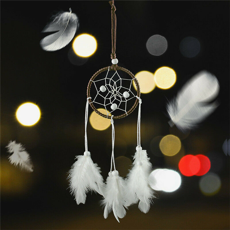 Dream Catcher With White Feather Beads Wall Hanging Decor Craft Car Ornam.l8