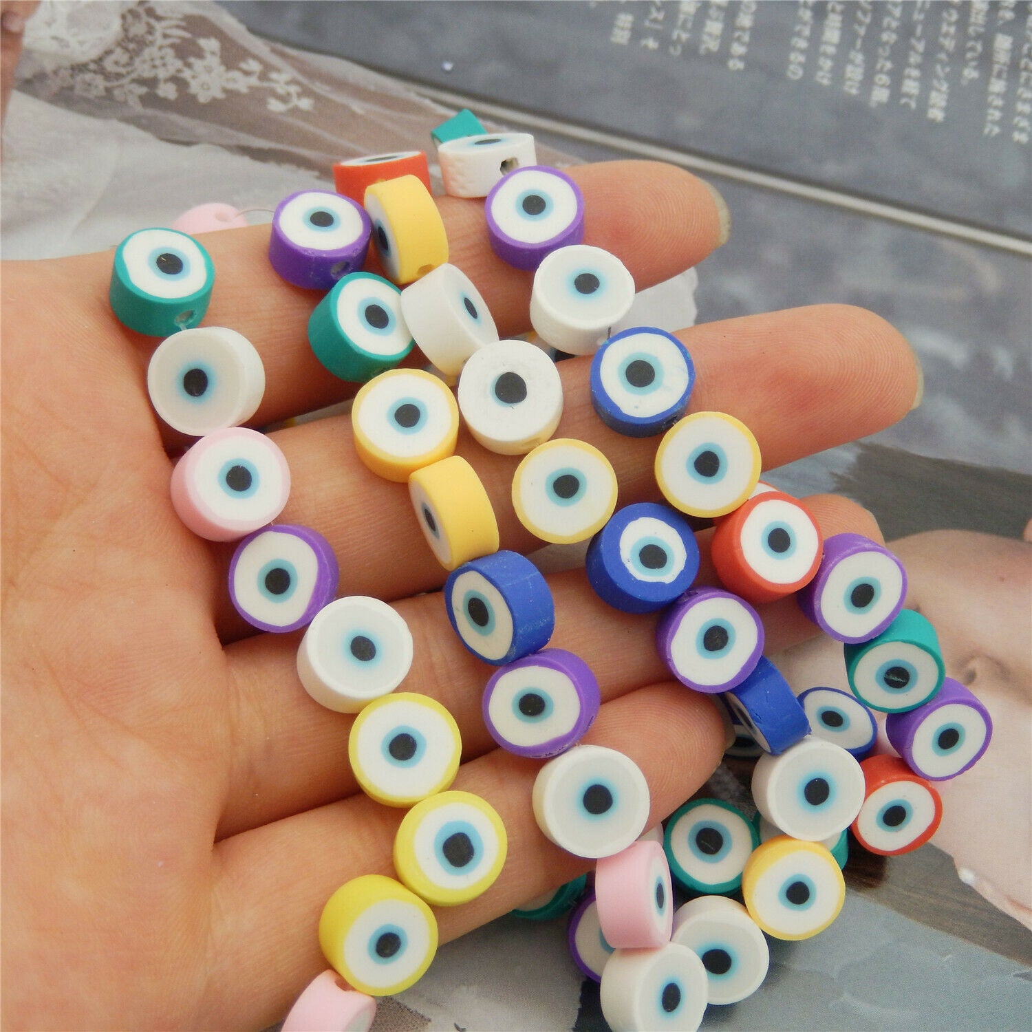 40 Assorted Round Polymer Clay Evil Eye Bead Bracelet Spacer Jewelry Craft 10mm