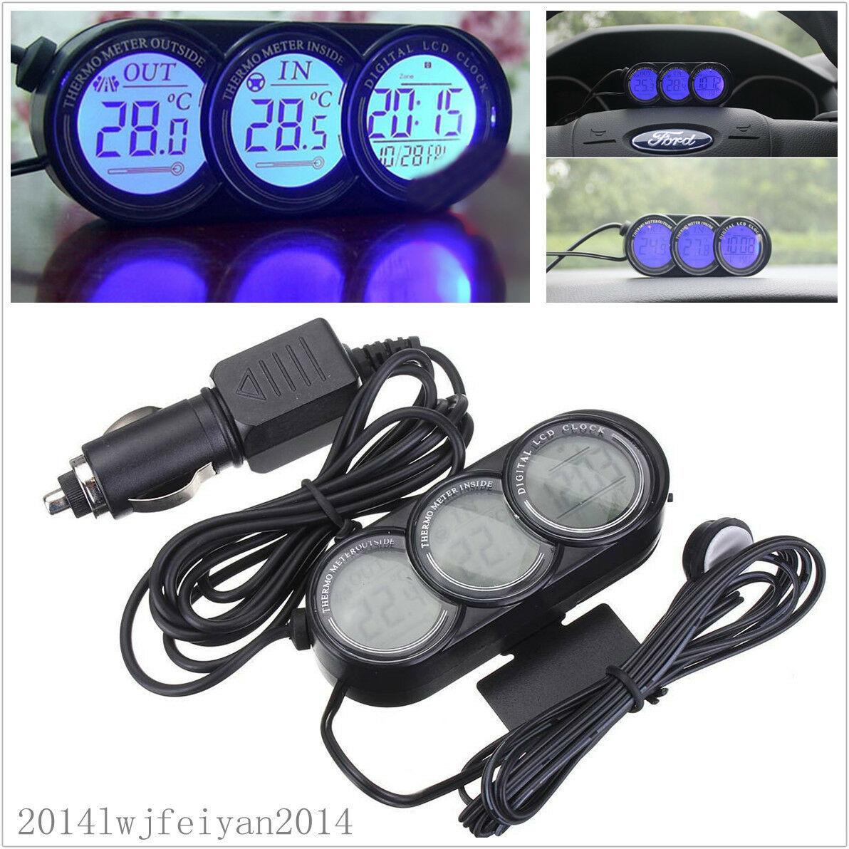Car SUV Mini Indoor Outdoor Temperature Thermometer LCD Digital Date Clock Gauge
