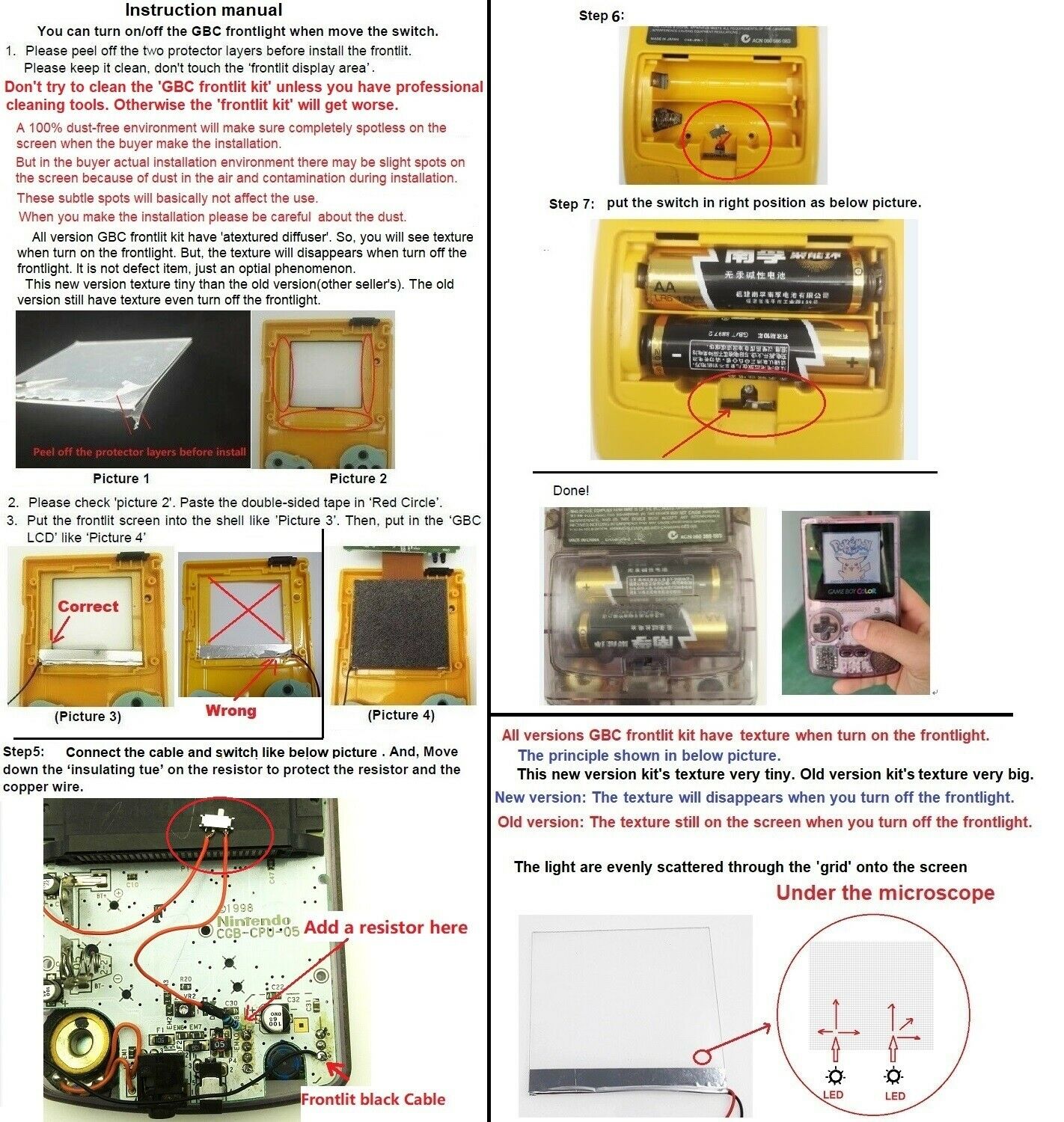 Frontlit Frontlight+Clear black full Housing Shell Kits for Game Boy Color GBC