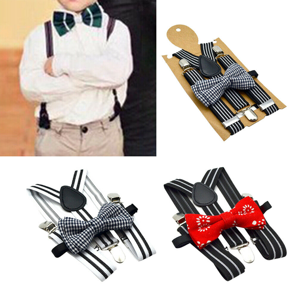 Male Boy Trousers Suspenders w/ Bow-Tie Set 3 Clips Braces Non-slip Straps