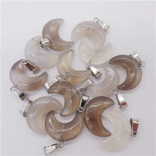 15Pcs 20x15x7mm Natural Gray Agate Crescent Moon Pendant Bead DIY Jewelry HH9539