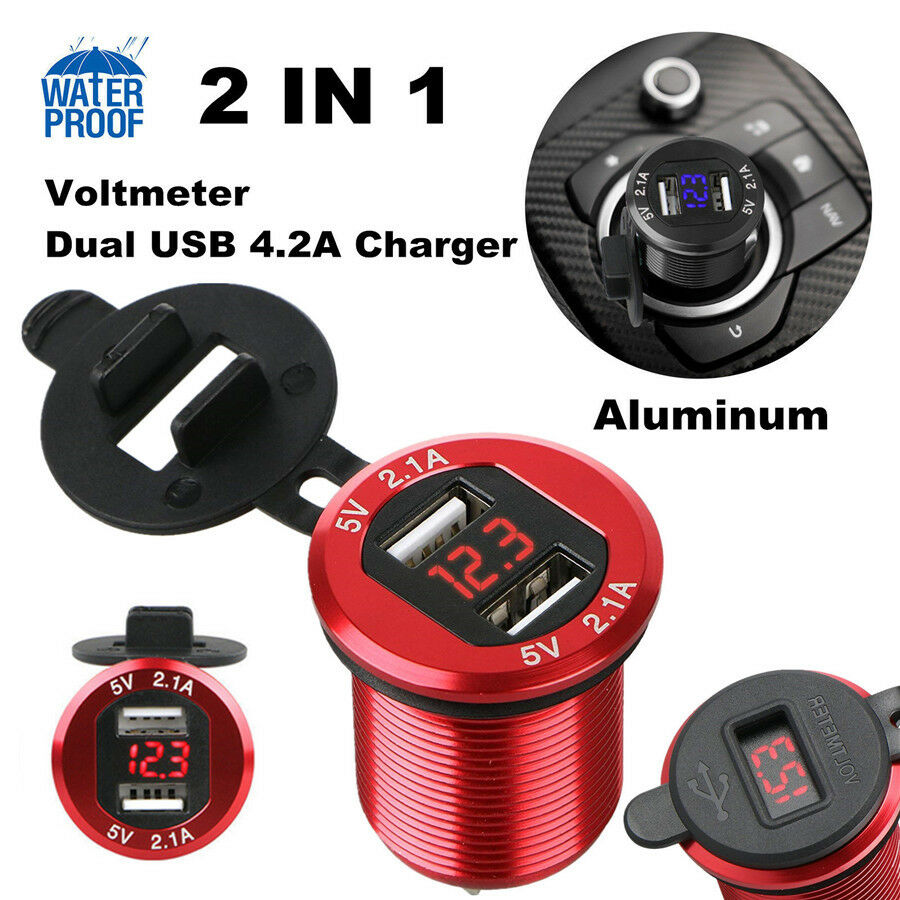 Red 12V Dual USB Port 4.2A Car Cigarette Lighter Charger Socket w/ LED Voltmeter