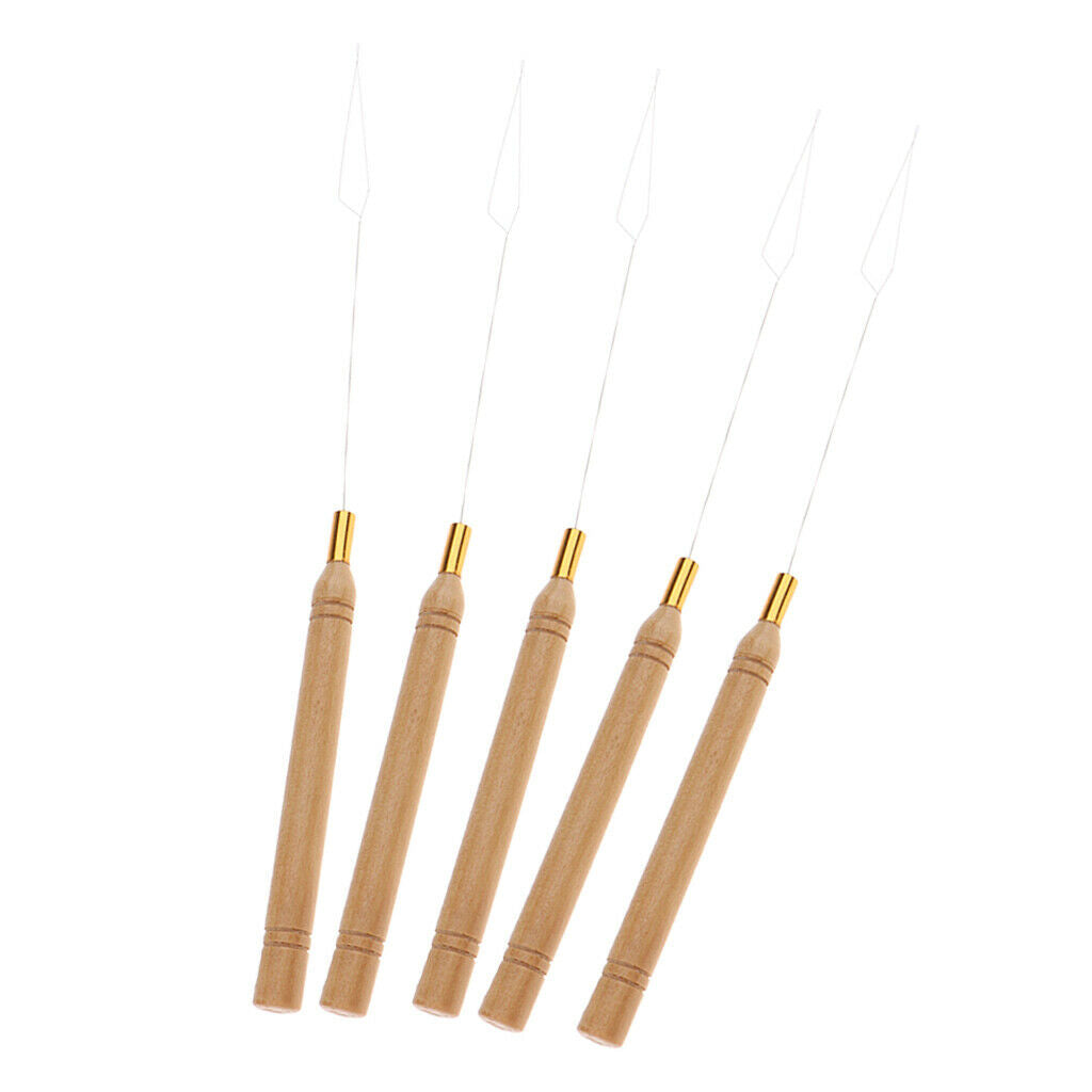 5 Pieces Wooden Handle Hair Extensions Loop Needle Threader Pulling Tool Kit