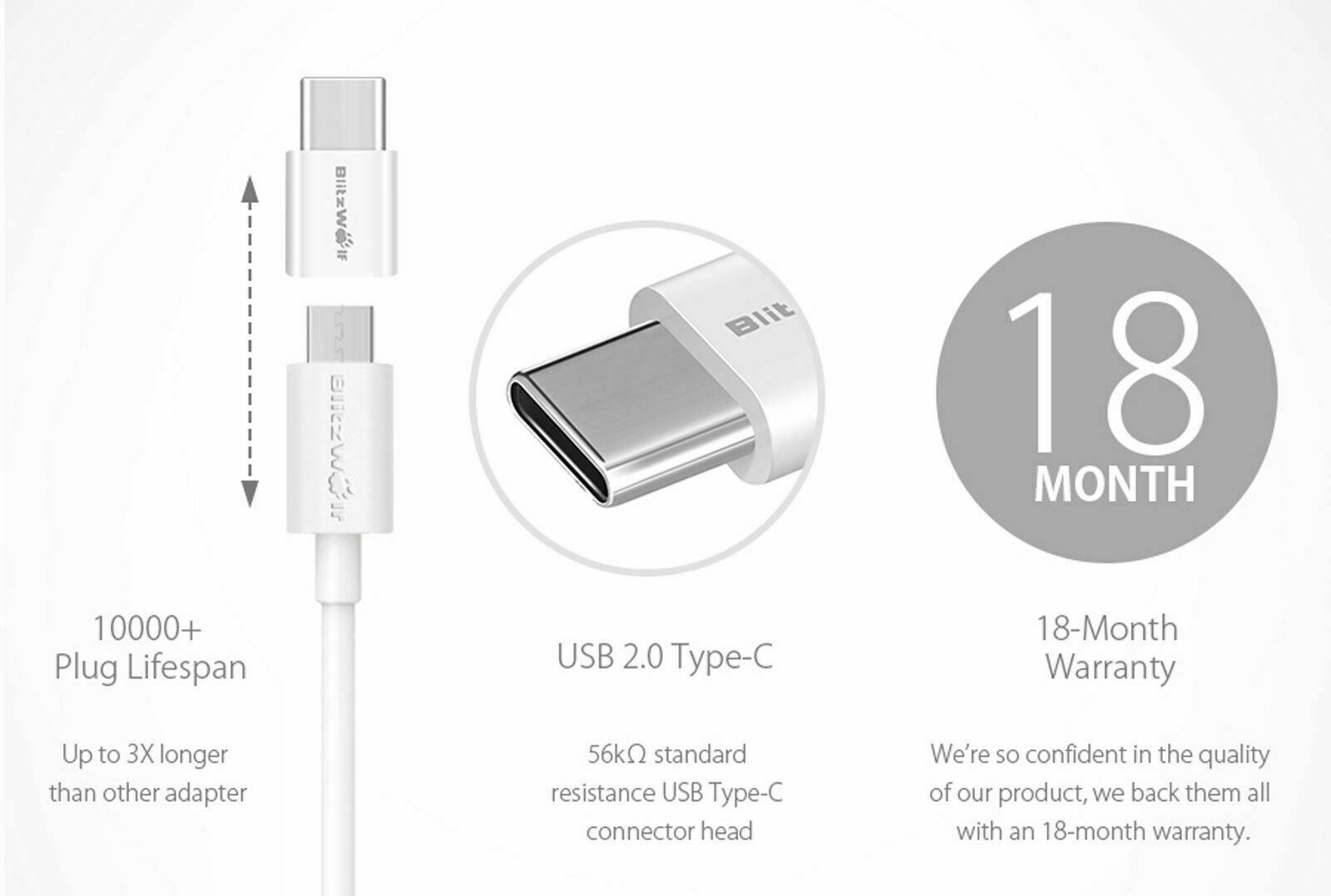 x2 BlitzWolf Type-C USB C to Micro USB Data Sync Charger Cable Connector Adapter