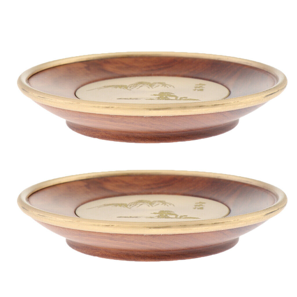 2 Pieces Wooden Tea Mat Copper Wrapped Edging Scenery Pattern