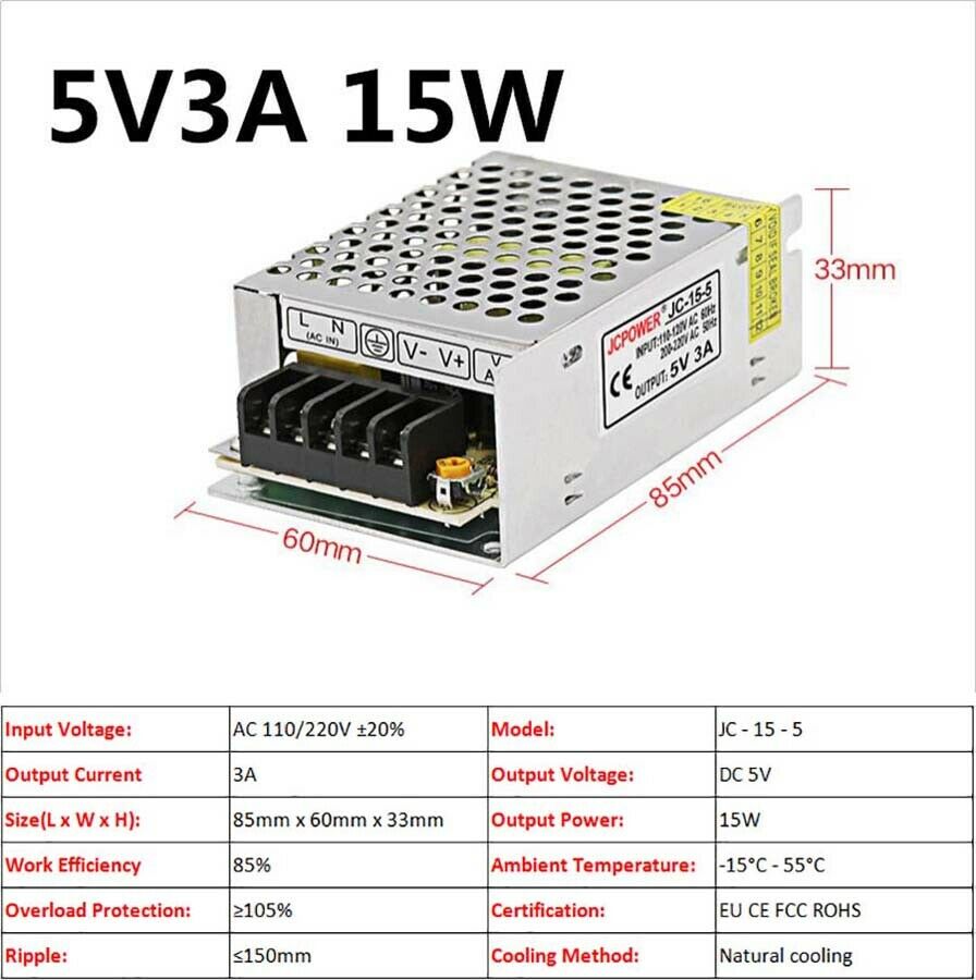 5V 3A 15W DC Regulated Switching Power Supply PSU Transformer LED Strip CCTV