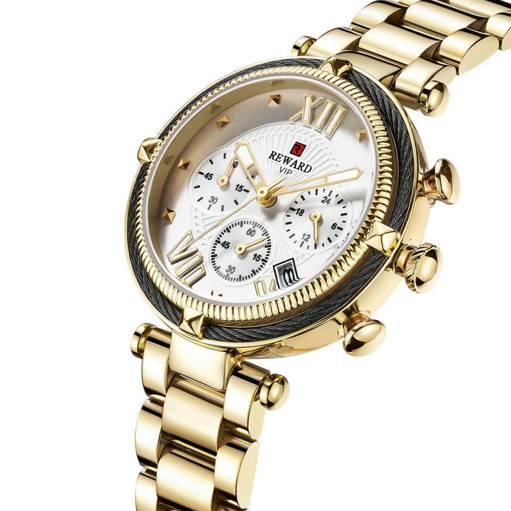 Women Chronograph Quartz Movement Watch Wristwatch Jewelry Golden