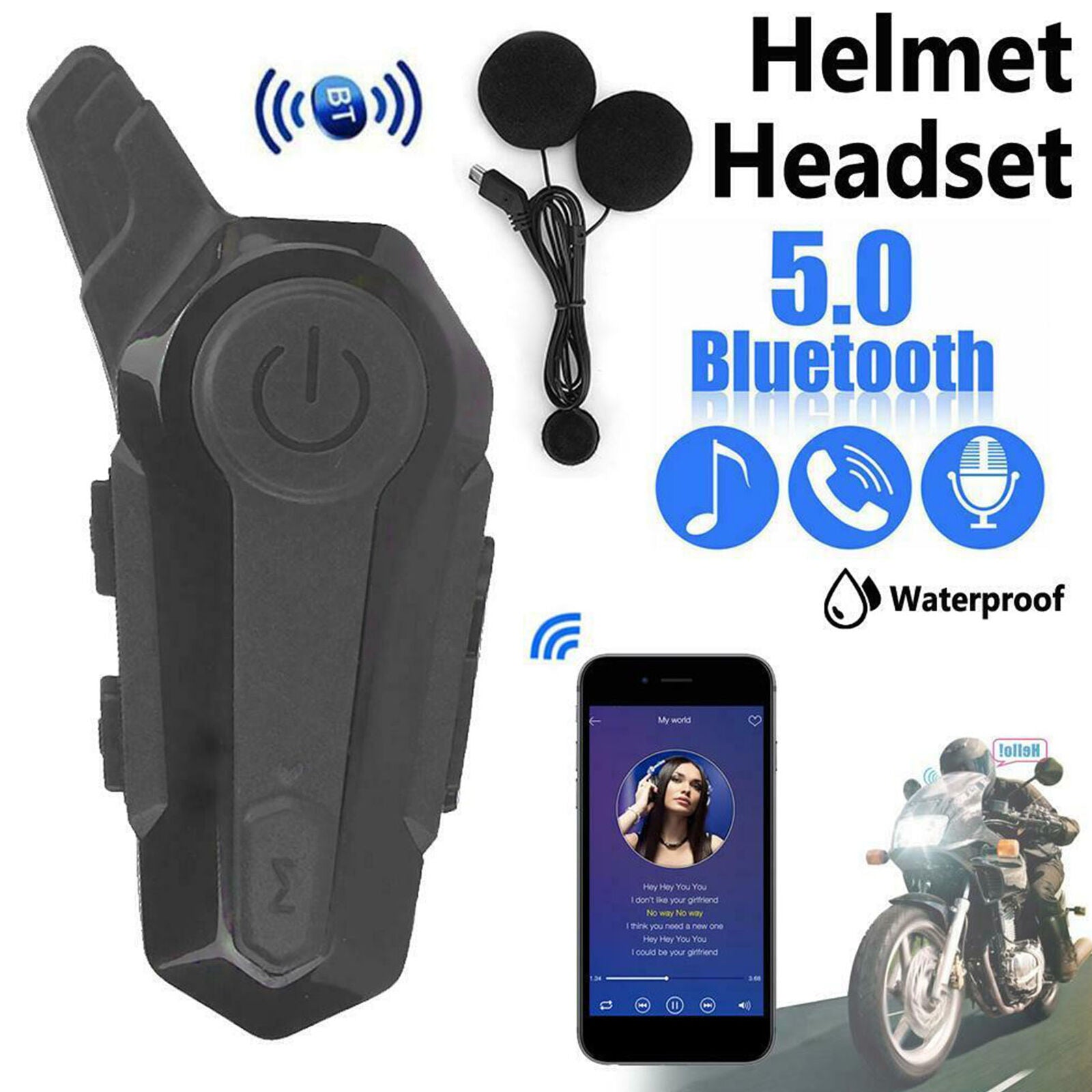 Bluetooth 5.0 Motorcycle Helmet Intercom Headset Interphone Speaker Headphone
