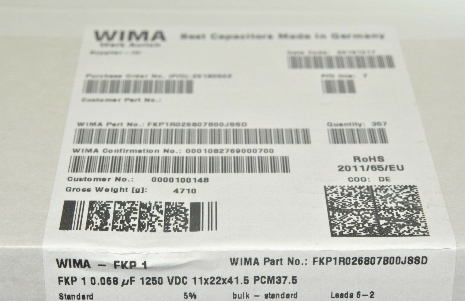 1pcs - WIMA FKP1 0.068uF (0,068µF 68nF) 1250V 5% pitch:37.5mm Capacitor