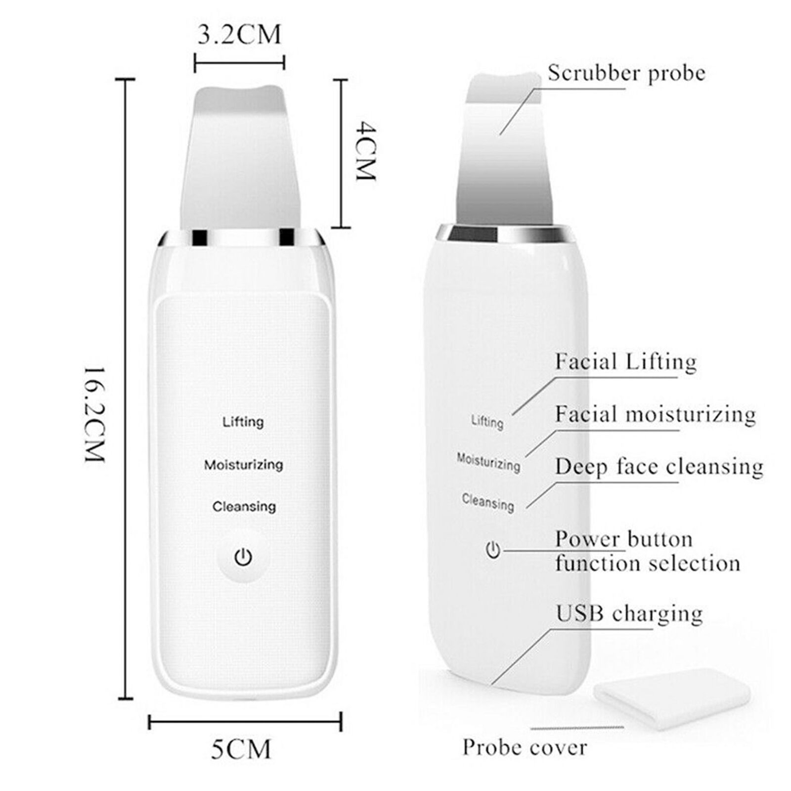 USB Recharge Ultrasonic Scrubber Skin Spatula Facial Cleaner Peeling Massage Spa