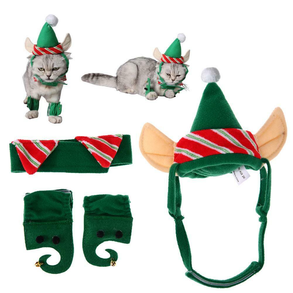 4pcs Pet Hat Set Warm Dogs Cats Christmas Green Hat+Necklace+Feet Sleeve @
