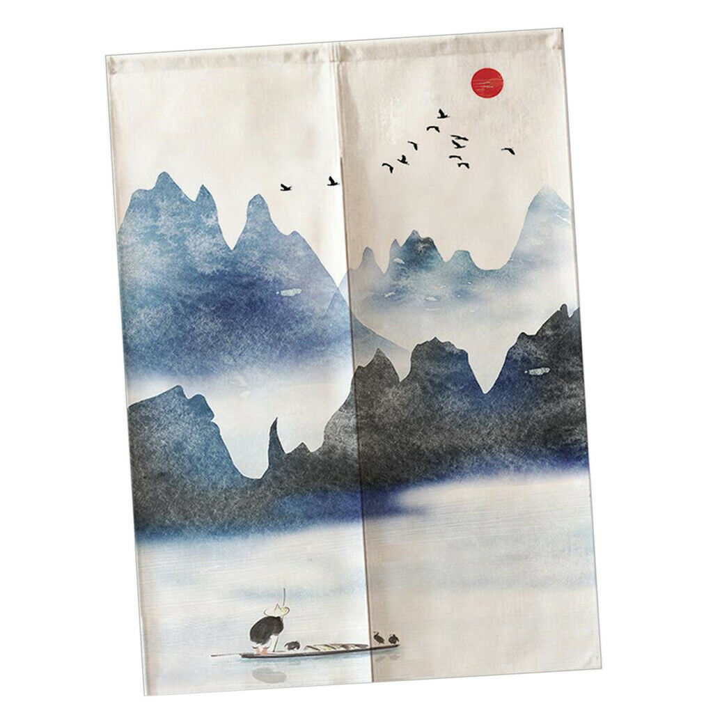 Japanese Style Cotton Linen Doorway Curtain Mountains and Birds-85x150cm