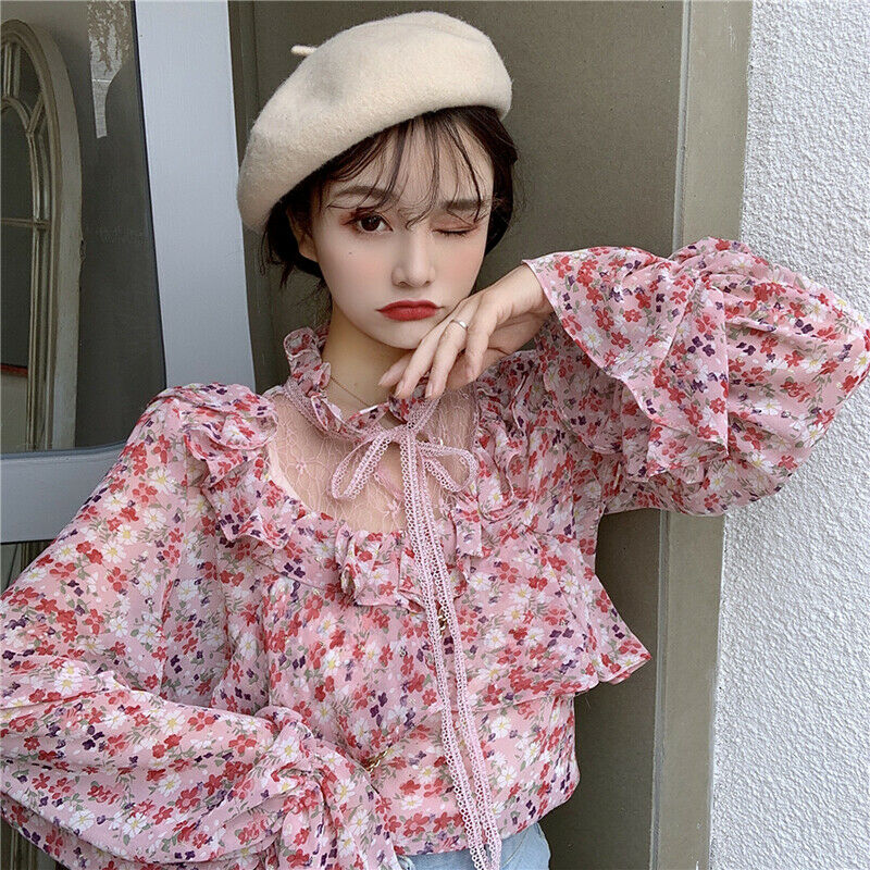Sweet Ladies Ruffled Lace Chiffon Floral Shirt Blouse Long Flared Sleeve Tops UK