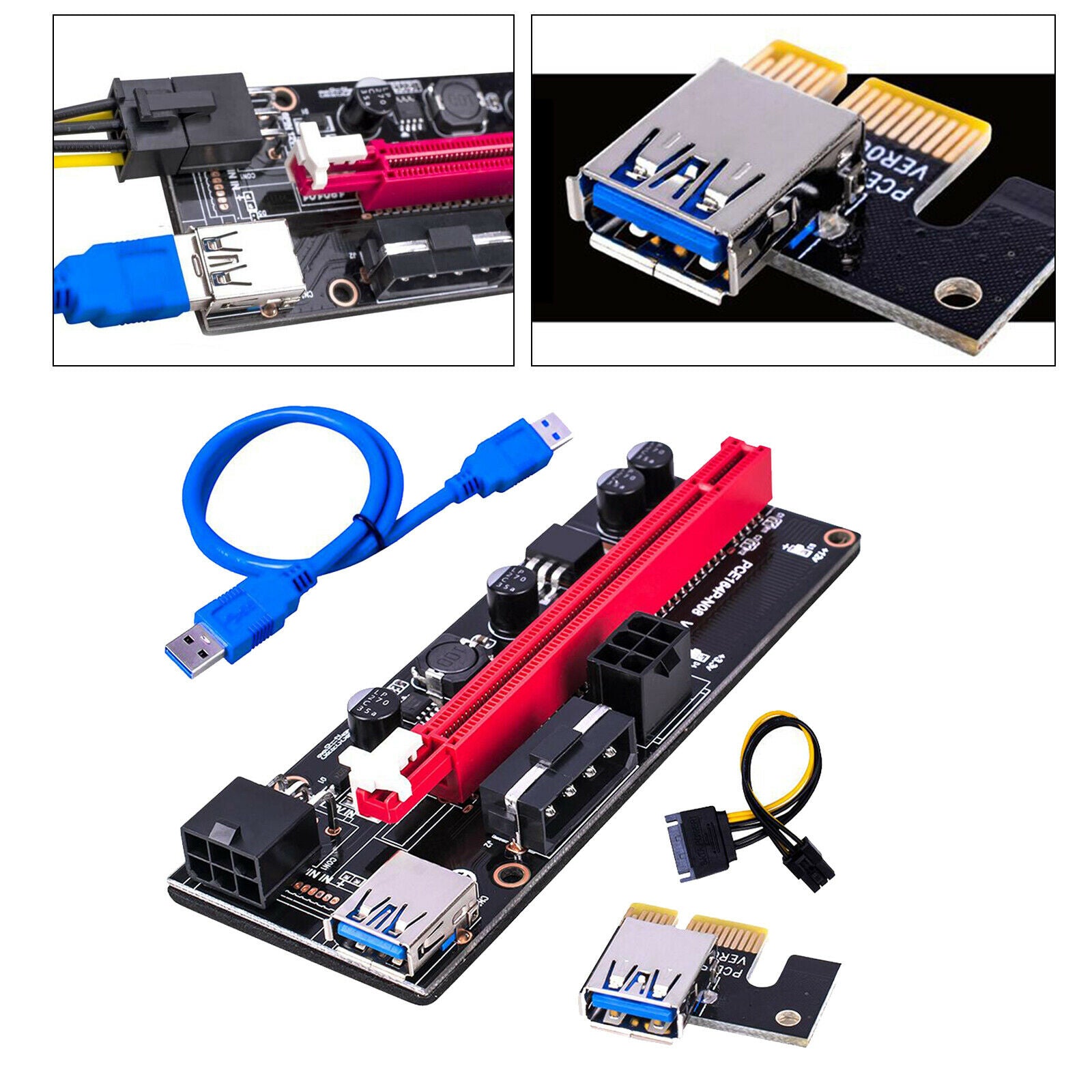 2Pcs PCI-E VER 009S 1x to 16x Graphic Extension USB 3.0 Adapter Card 2X 6PIN