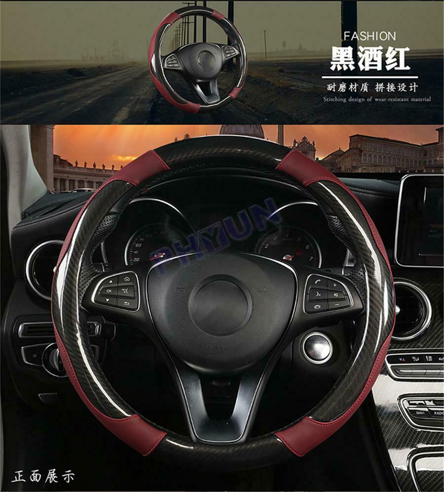 38cm Black Car Steering Wheel Cover Non-slip Leather Carbon Fiber Braid Style