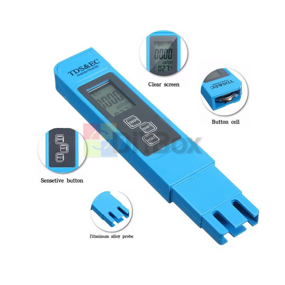 Blue EC-1 Water Quality Test Meter Digital Tool TDS & EC Temperature 0-9990 ppm