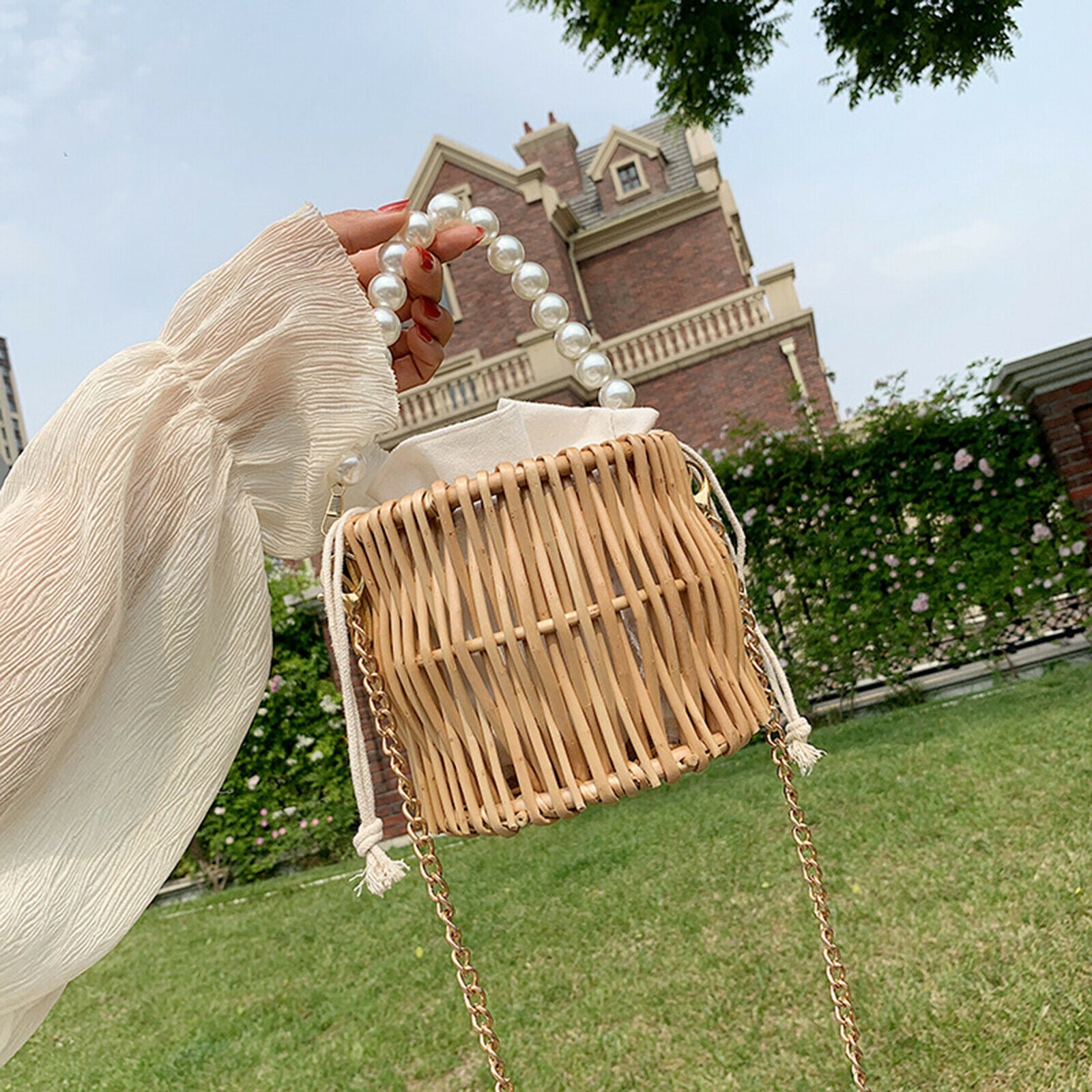 Hand Woven Rattan Straw Bag Crossbody Handbag Shoulder Bags Small Bucket Bag