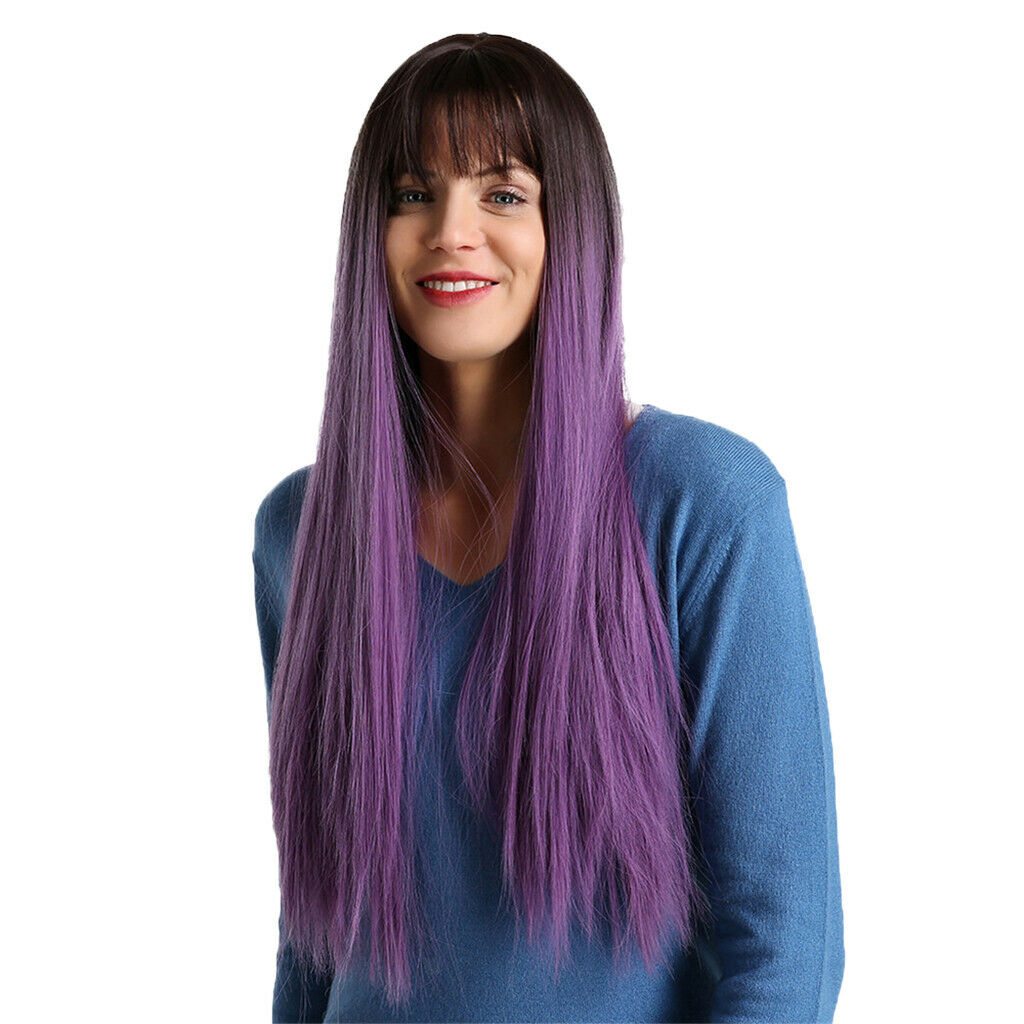 Purple Long Straight Wig with Flat Bangs Synthetic Wig for Women 28Inchs