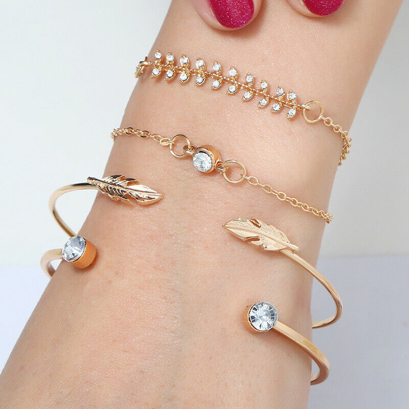 4Pcs/set Fashion Women Geometric Crystal Leaf Bracelet Adjustable Bangle .l8