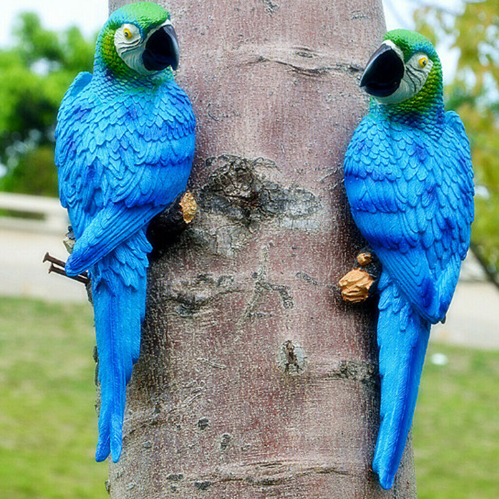 2x True to Nature Bird Ornament Parrot 31cm Blue Look Right & Red Outdoor Patio