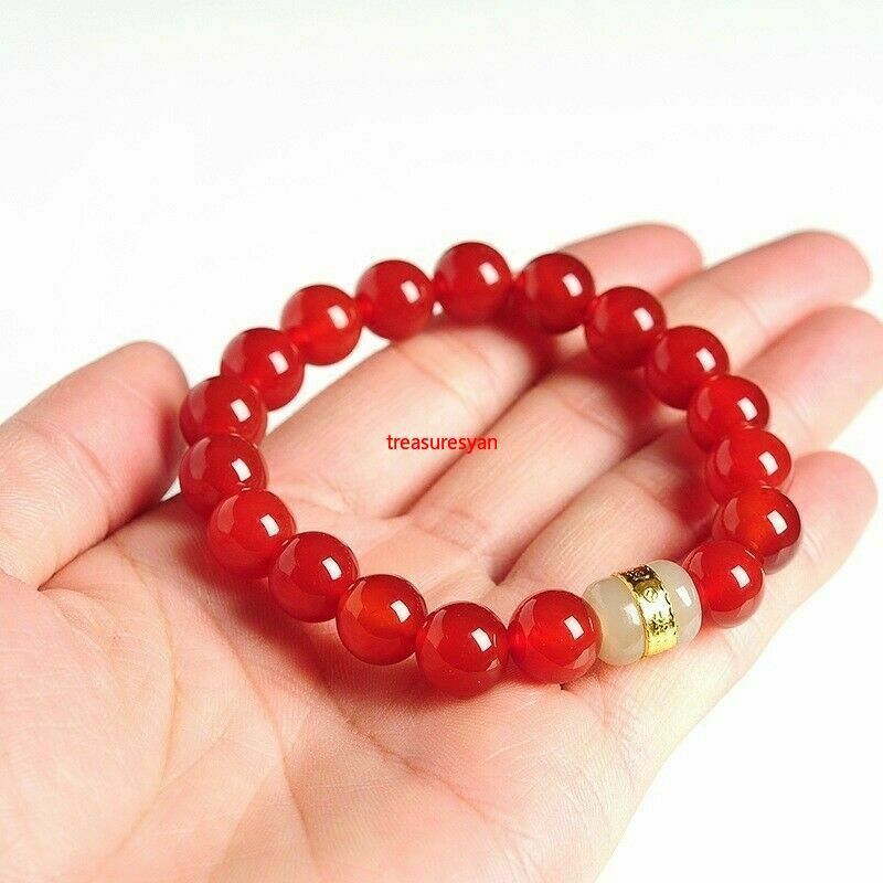 Certified Natural Red Agate Hetian White Jade Bead Bangle Bracelet Bead Dia.10mm