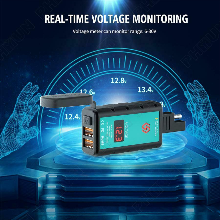 Motorcycle Scooter Dual USB Fast Charger w/ Voltmeter Power Switch SAE Socket