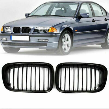 For BMW 3-Series E46 Sedan 98-01 Pair Gloss Black Front Kidney Grill Grille