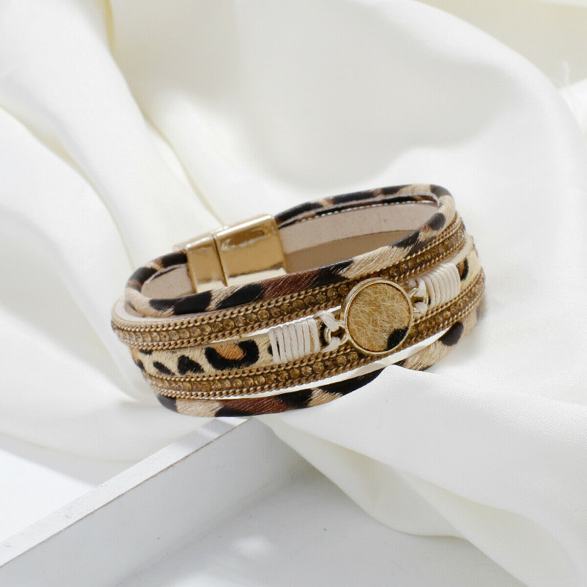 Unisex Animal Leopard Print Bracelet Wrap Multilay Magnetic Clasp Bangle Jewelry