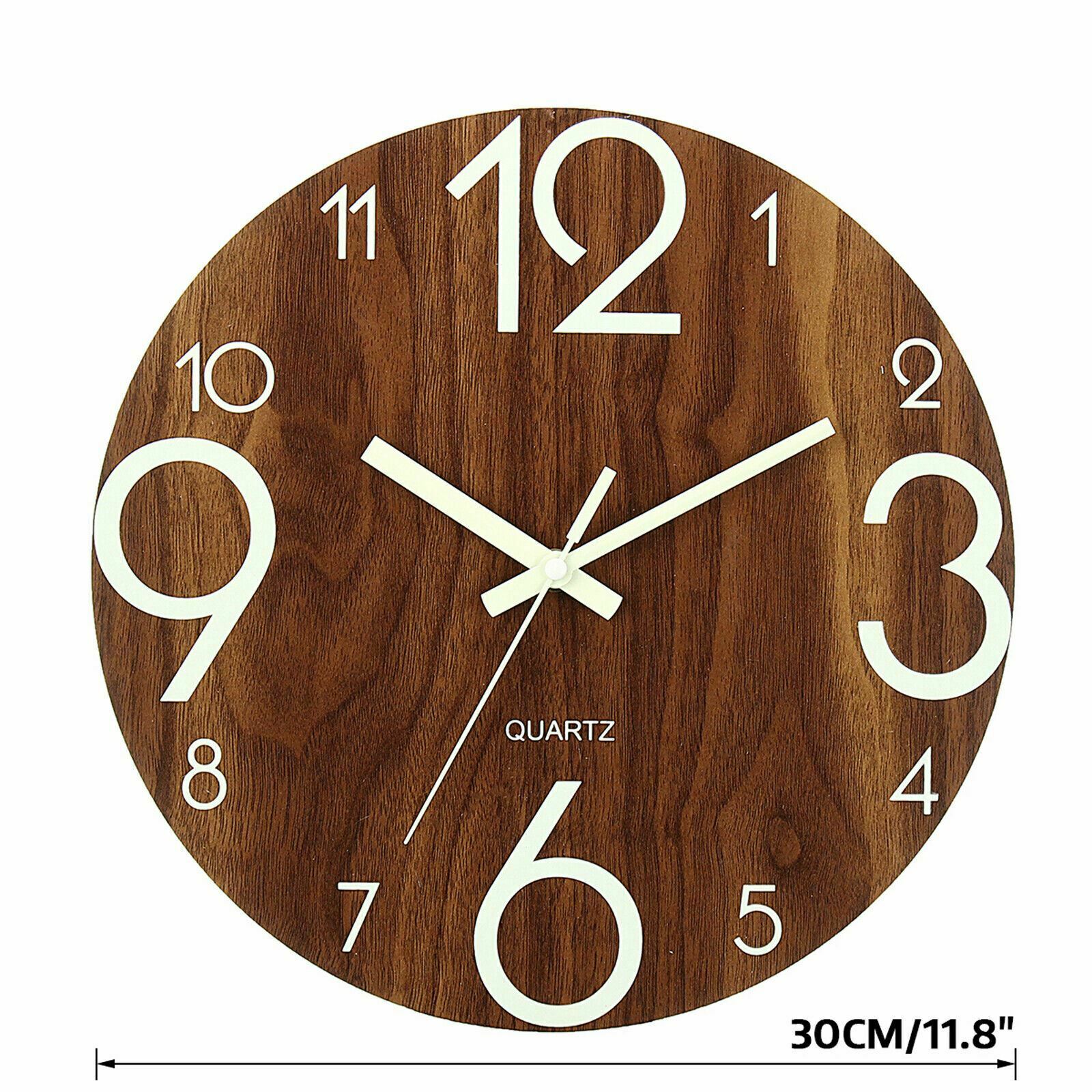 12" Luminous Silent Non Ticking Wooden Glow In Dark Home Decor Quartz Wall Clock